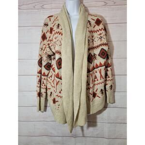 Roxy Women's Med Long Sleeve Heather Tan Aztec Print Open Front Cardigan Sweater